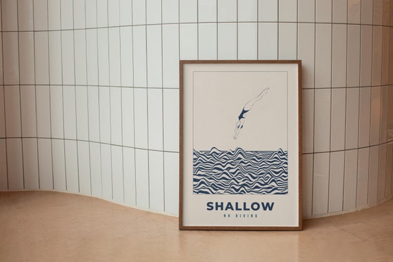 Shallow, No Diving, Stone Blue, Mid Century Modern Bathroom Art Print, Bathroom Digital Download Wall Art, Bathroom Wall Art, Printable Art