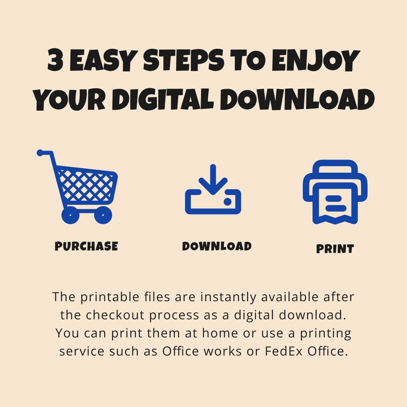 K&ouml;nnte beinhalten: Ein Bild mit dem Text "3 EINFACHE SCHRITTE ZUM GENIESSEN IHRES DIGITALEN DOWNLOADS". Die Schritte werden durch einen Einkaufswagen, ein Download-Symbol und ein Druckersymbol dargestellt, mit den W&ouml;rtern "KAUFEN", "HERUNTERLADEN" und "DRUCKEN" darunter. Der Text erkl&auml;rt den Vorgang.