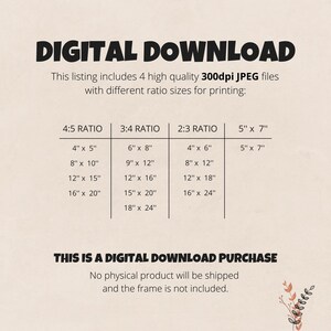 Op de afbeelding: Een digitale downloadlijst voor afdrukbare afbeeldingen in vier verschillende beeldverhoudingen: 4:5, 3:4, 2:3 en 5" x 7". De lijst bevat een tabel met de verschillende beschikbare formaten voor elke verhouding, vari&euml;rend van 4" x 5" tot 18" x 24". De tekst "Dit is een digitale downloadaankoop" wordt onder de tabel weergegeven, samen met de mededeling "Er wordt geen fysiek product verzonden en de lijst is niet inbegrepen."