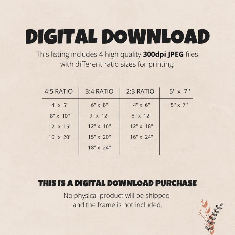 Op de afbeelding: Een digitale downloadlijst voor afdrukbare afbeeldingen in vier verschillende beeldverhoudingen: 4:5, 3:4, 2:3 en 5" x 7". De lijst bevat een tabel met de verschillende beschikbare formaten voor elke verhouding, vari&euml;rend van 4" x 5" tot 18" x 24". De tekst "Dit is een digitale downloadaankoop" wordt onder de tabel weergegeven, samen met de mededeling "Er wordt geen fysiek product verzonden en de lijst is niet inbegrepen."