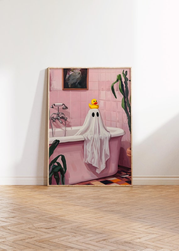 Ghost In a Bathroom Print, Maximalist Bathroom Wall Art, Cute Ghost Poster, Dopamine Decor, Trendy Decor, Halloween Print, Digital Download
