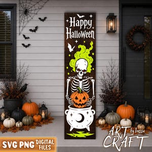 Peut inclure: Un panneau vertical en bois avec le texte Happy Halloween en blanc, un squelette tenant une citrouille orange et un chaudron blanc orné d'un croissant de lune. Le motif inclut de la fumée vert vif et de petites chauves-souris blanches.