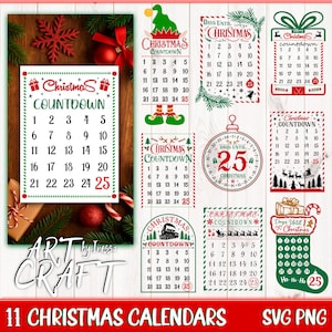 以下が含まれることがあります： 11種類のクリスマスまでのカウントダウンカレンダーのコレクション。各カレンダーには、1から25までの番号が振られたグリッドがあり、お祝いのグラフィックとテキストが描かれています。カレンダーは、クリスマスツリーや靴下など、さまざまな形をしています。