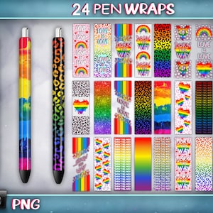 Puede incluir: 24 envoltorios de bolígrafo imprimibles con una variedad de diseños de orgullo arcoíris, que incluyen purpurina, estampado de leopardo y texto que dice "Born This Way" y "Love is Love".