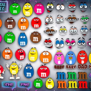 May include: A digital file set of colorful M&M's with different expressions, including baby, dad, and mom. The file set includes SVG and PNG formats. The text "mmm" is repeated several times in the image.