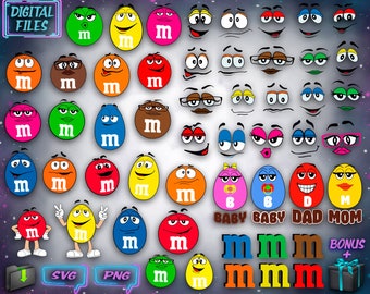 May include: A digital file collection featuring various colorful M&M-style candy characters with diverse facial expressions, glasses, and accessories, alongside individual letter logos, baby, dad, and mom labels, and bonus graphic elements.