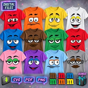 May include: A collection of twelve short-sleeved t-shirts in various colors, each featuring a unique cartoon face with large eyes and distinct expressions. The image includes text labels for Digital Files, SVG, PDF, PNG, and Bonus.