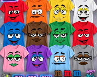 May include: A collection of twelve short-sleeved t-shirts in various colors, each featuring a unique cartoon face with large eyes and distinct expressions. The image includes text labels for Digital Files, SVG, PDF, PNG, and Bonus.