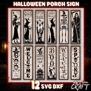 May include: A collection of twelve vertical rectangular Halloween porch signs featuring black silhouettes on a white background. Designs include witches, skeletons, ghosts, spiders, webs, and text such as Happy Halloween, Boo, and Welcome.