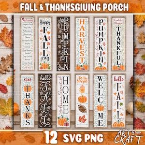 Può includere: Una collezione di dodici insegne verticali da veranda con temi autunnali e del Ringraziamento. I design includono testi come Fall, Pumpkin, Harvest, Thankful e Welcome, decorati con illustrazioni di zucche, foglie e icone stagionali.