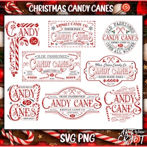 May include: A selection of red and white candy cane designs with the text "Christmas Candy Canes". The designs feature vintage-style labels and illustrations, ideal for festive crafts and decorations during the holiday season.
