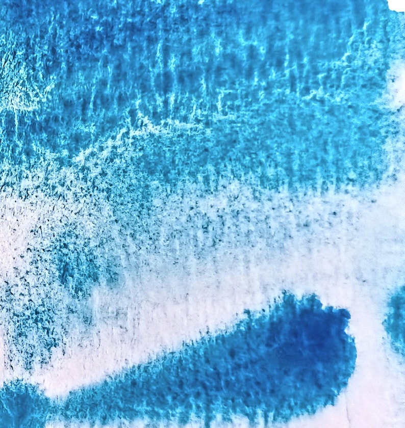 May include: Abstract watercolour painting with a blue and white colour scheme. The blue paint is concentrated at the top of the image and fades to white at the bottom. The paint has a textured, grainy appearance.