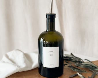 Bouteille en verre, vert fumé pour Vinaigre et Huile avec bec verseur, étiquette waterproof, cuisine, organisation de la maison