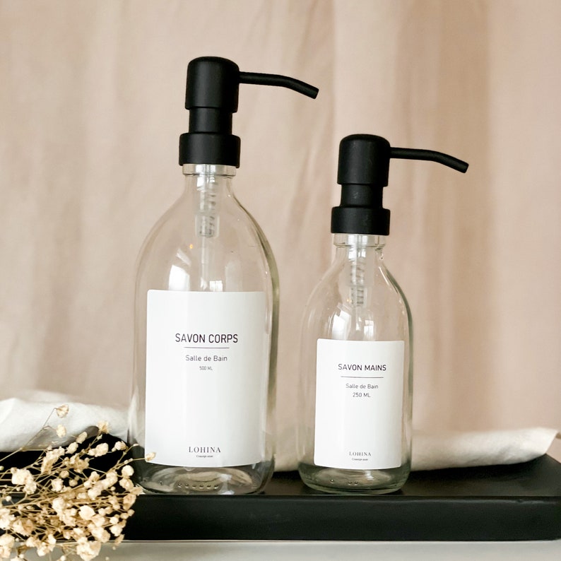 Distributeur transparent 500ml savon liquide vaisselle shampoing, flacon en verre, bouteille rechargeable pompe métallique étiquette image 10