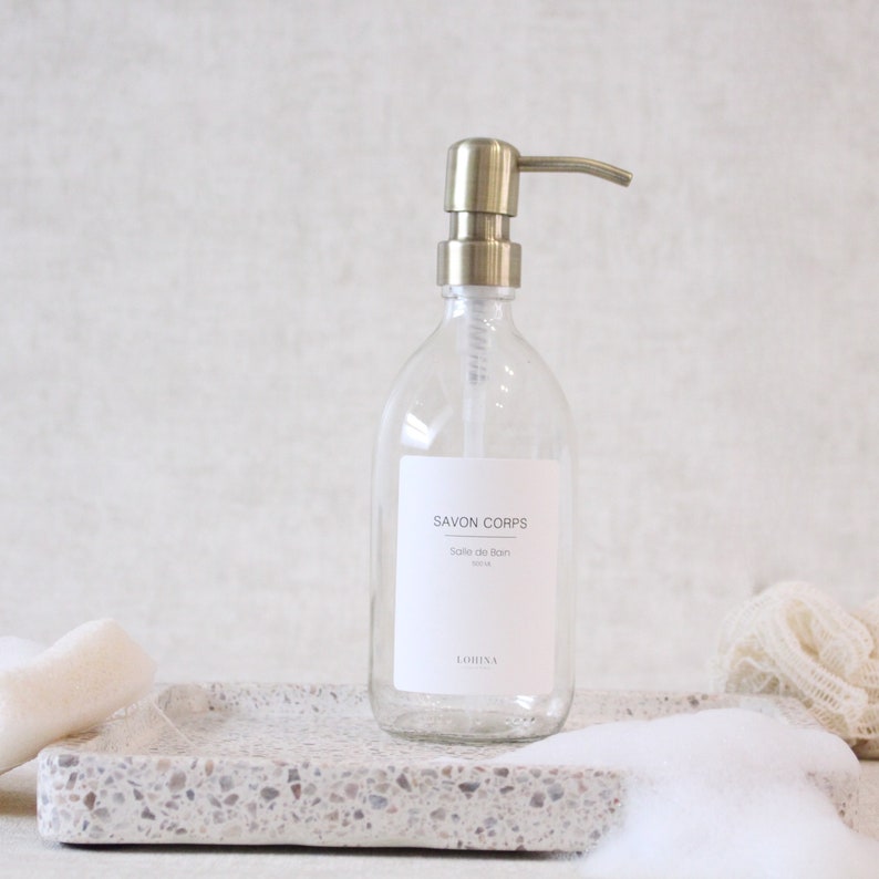 Distributeur transparent 500ml savon liquide vaisselle shampoing, flacon en verre, bouteille rechargeable pompe métallique étiquette image 8