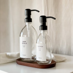 Distributeur transparent 500ml savon liquide vaisselle shampoing, flacon en verre, bouteille rechargeable pompe métallique étiquette