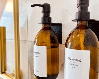 Distributeur ambré 500ml savon liquide vaisselle shampoing, flacon en verre, bouteille rechargeable pompe métallique étiquette waterproof