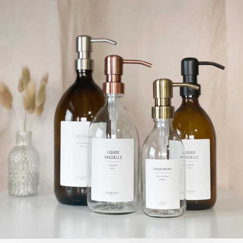 Distributeur transparent 500ml savon liquide vaisselle shampoing, flacon en verre, bouteille rechargeable pompe métallique étiquette image 2