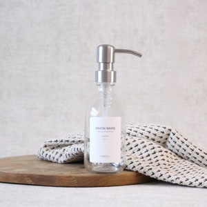 Transparent dispenser 250ml hand soap kitchen bathroom, glass bottle, refillable bottle metal pump label