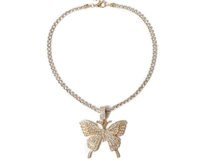 Shimmering White Rose Butterfly Necklace