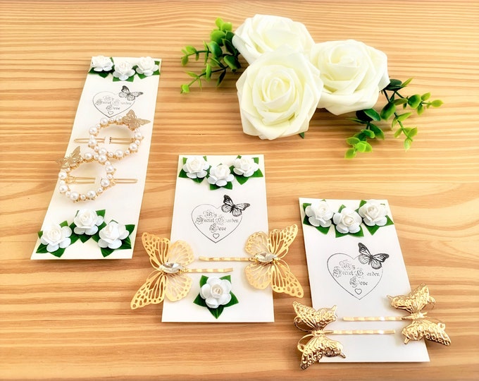 Adorned White Rose Butterfly Hair Accessories