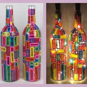 2 Handpainted Decorative Lighted Wine Bottles. Gift for her. Gift for mom. Stained glass. Centerpiece. Wedding table topper decor. Teacher.