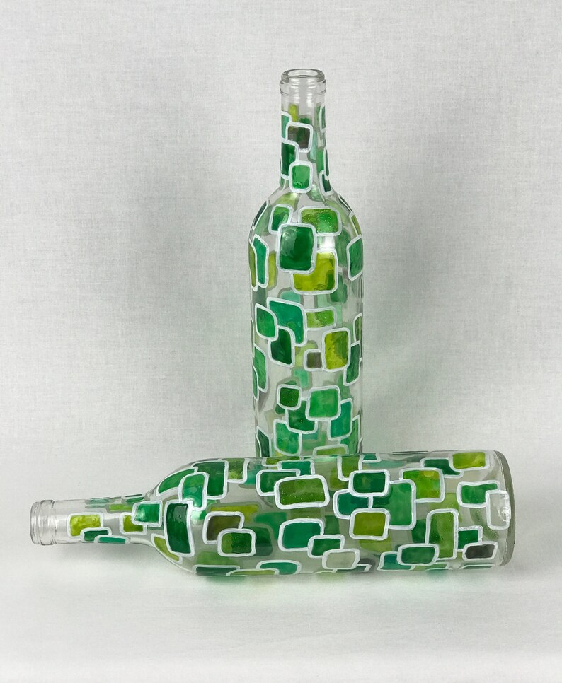 2 Green Handpainted Stained Glass Decorative Wine Bottle Etsy