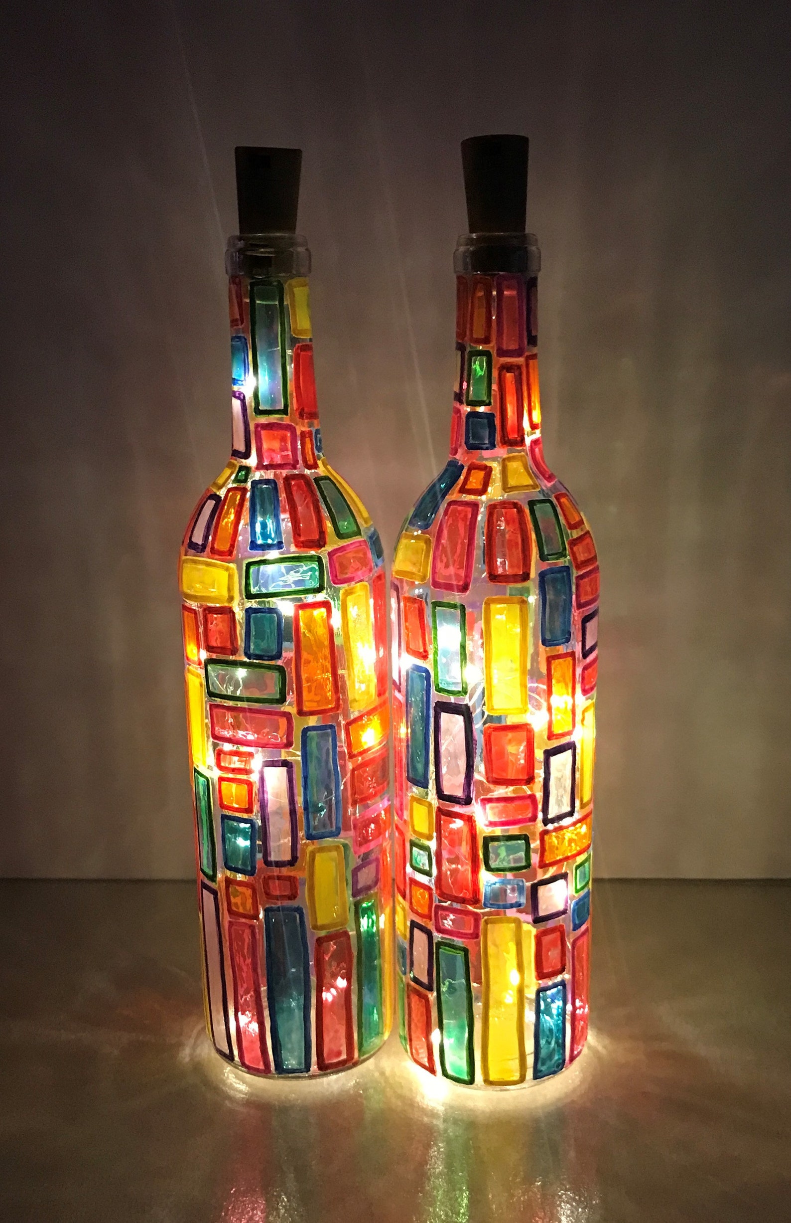 2 Handpainted Decorative Lighted Wine Bottles. Gift for Her. Gift for ...
