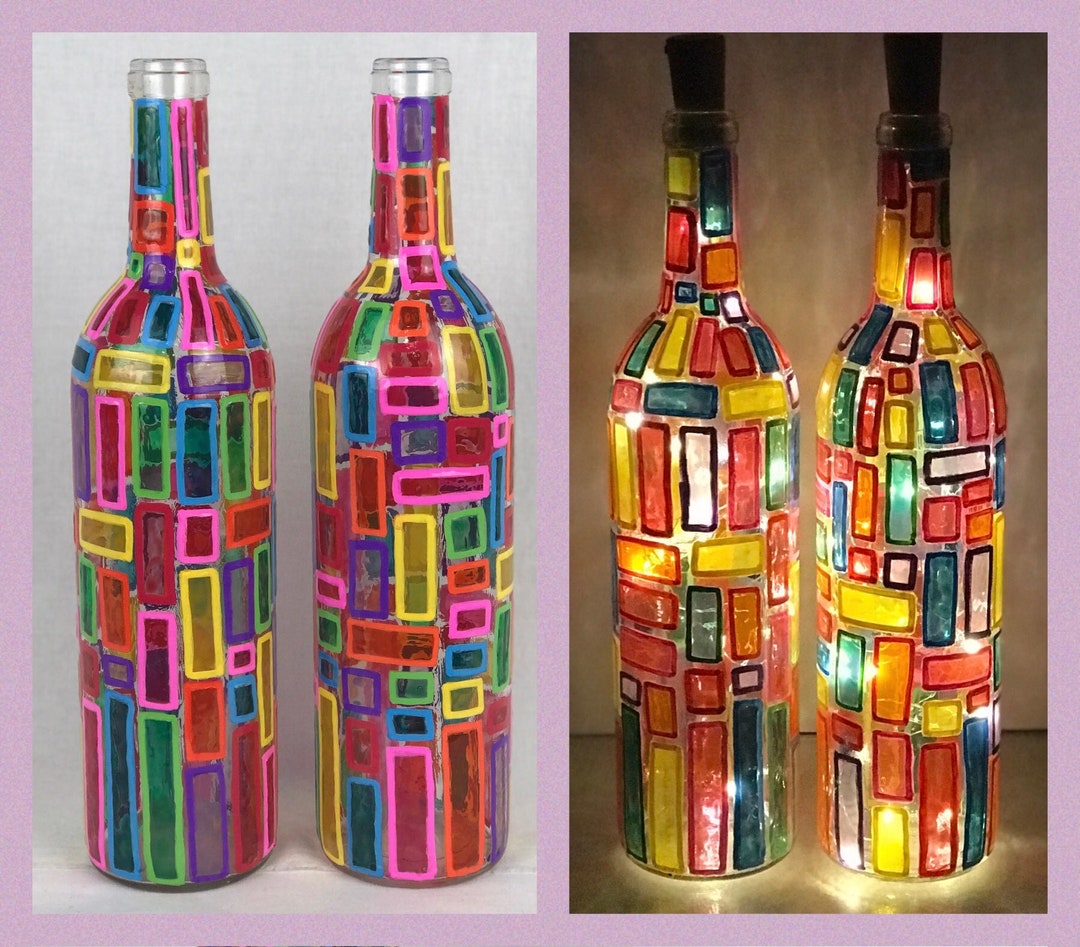 2 Handpainted Decorative Lighted Wine Bottles. Gift for Her. Gift for ...