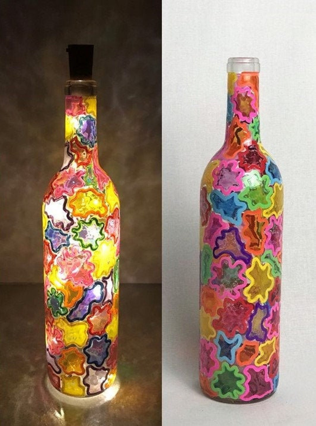 1 Handpainted Stained Glass Effect, Lighted Decorative Wine Bottle ...