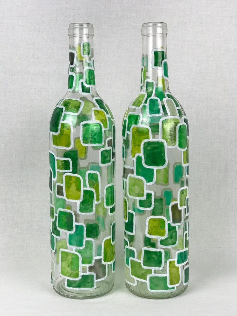 2 Green Handpainted Stained Glass Decorative Wine Bottle Etsy
