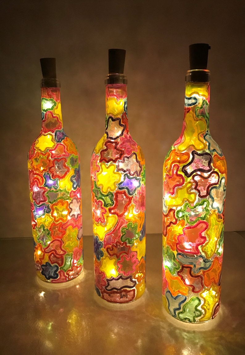 1 Handpainted Stained Glass Effect, Lighted Decorative Wine Bottle ...