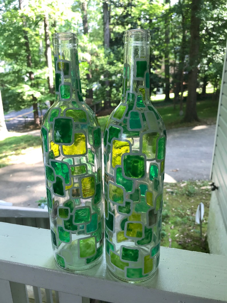 2 Green Handpainted Stained Glass Decorative Wine Bottle Etsy