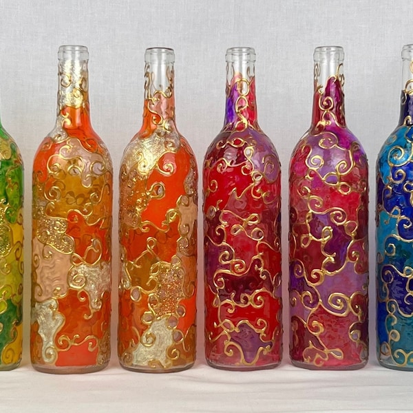 8 Multi Colored Stained Glass effect Decorative Wine Bottle Lamps with Gold filigree swirls. Purples, Pinks, Orange, Greens, Blues, Yellows.