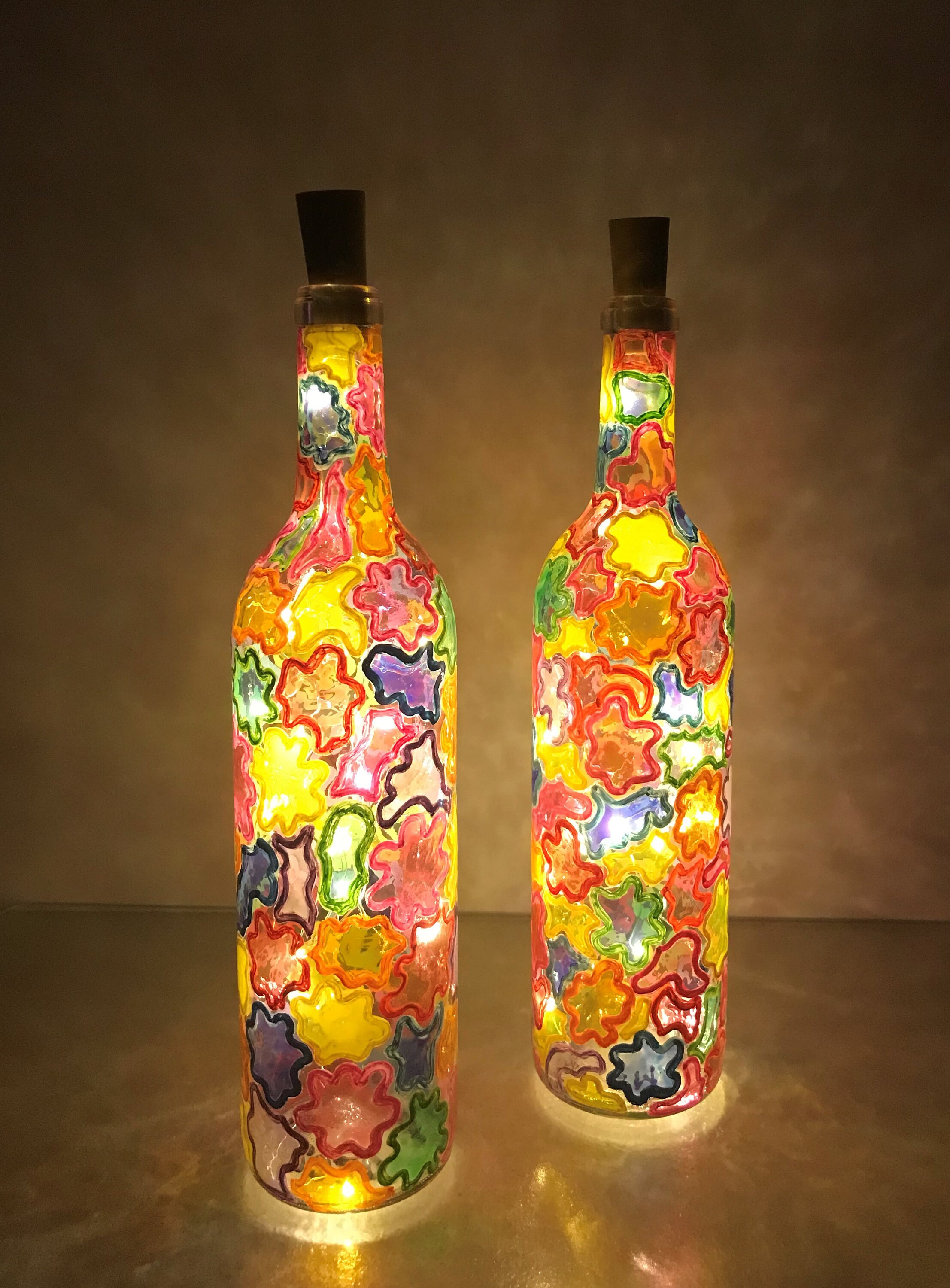 1 Handpainted Stained Glass Effect, Lighted Decorative Wine Bottle ...