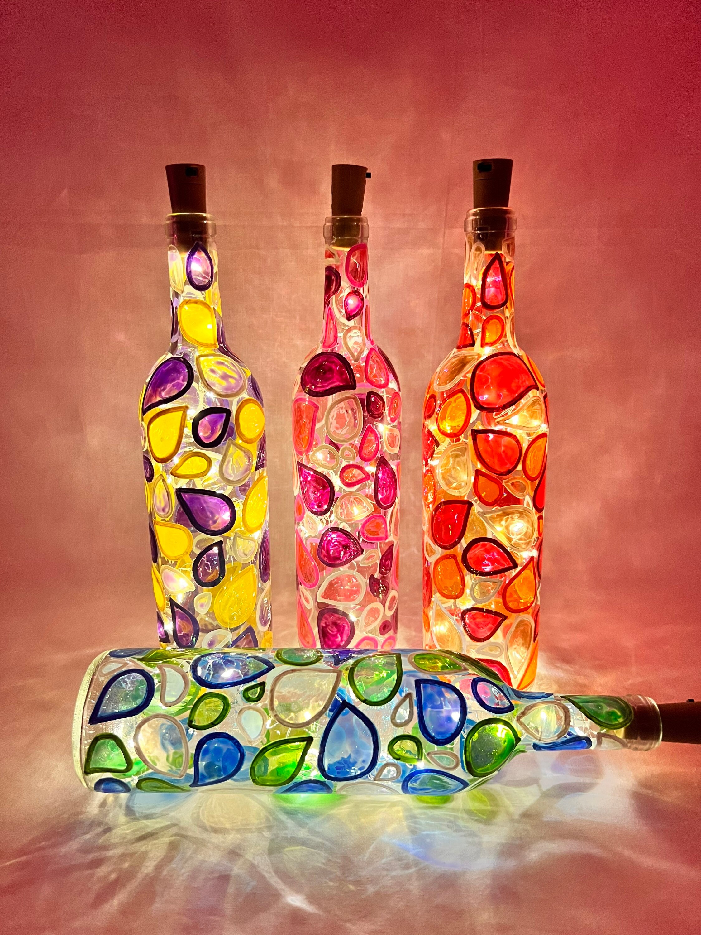 4 Handpainted Stained Glass Effect Decorative Multicolored Wine Bottle ...