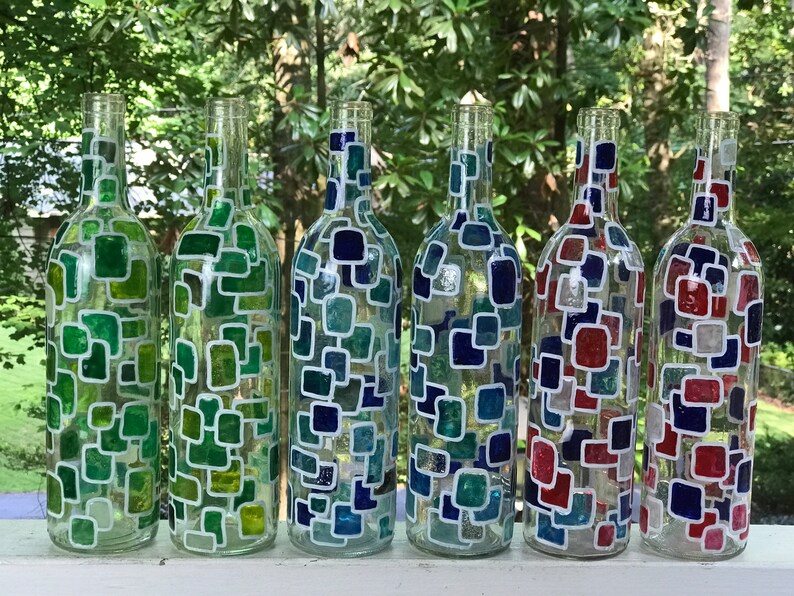2 Green Handpainted Stained Glass Decorative Wine Bottle Etsy