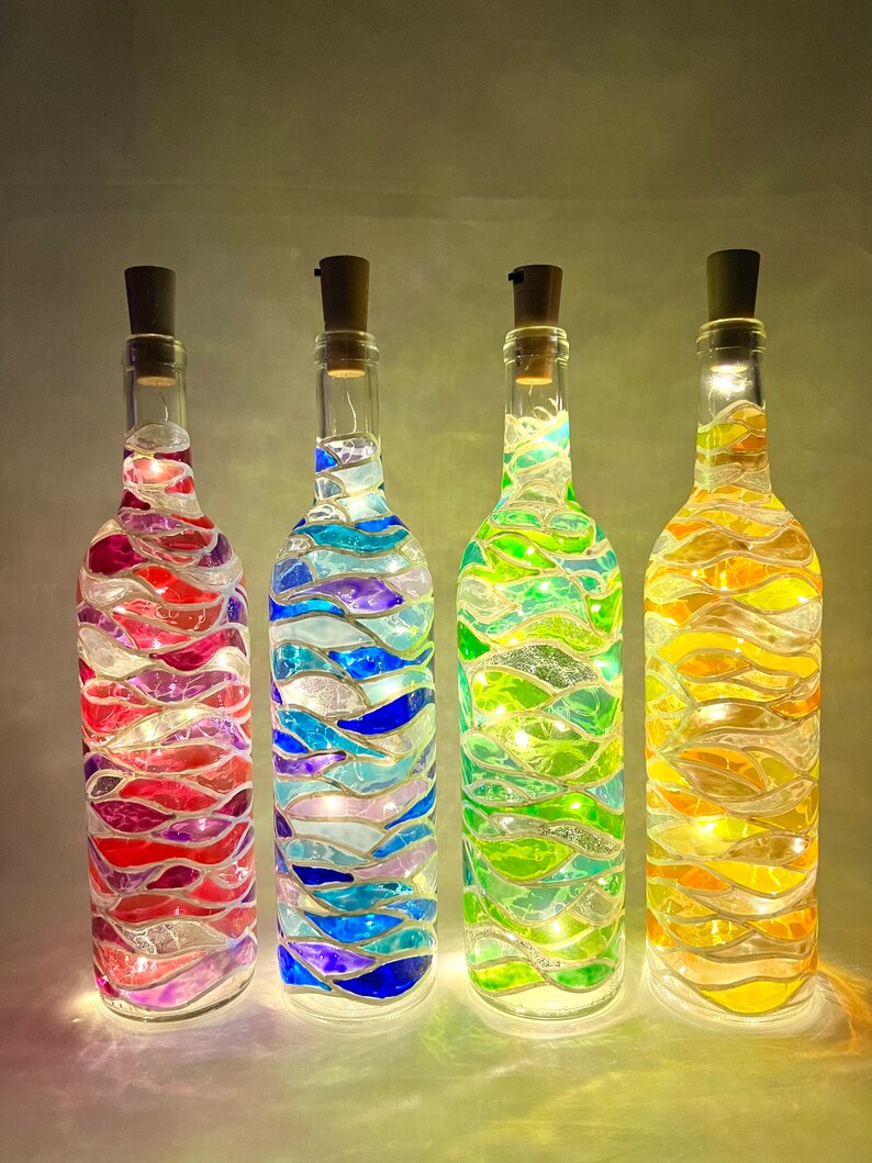 4 Handpainted Stained Glass Decorative Wine Bottle Lamps. Yellow ...