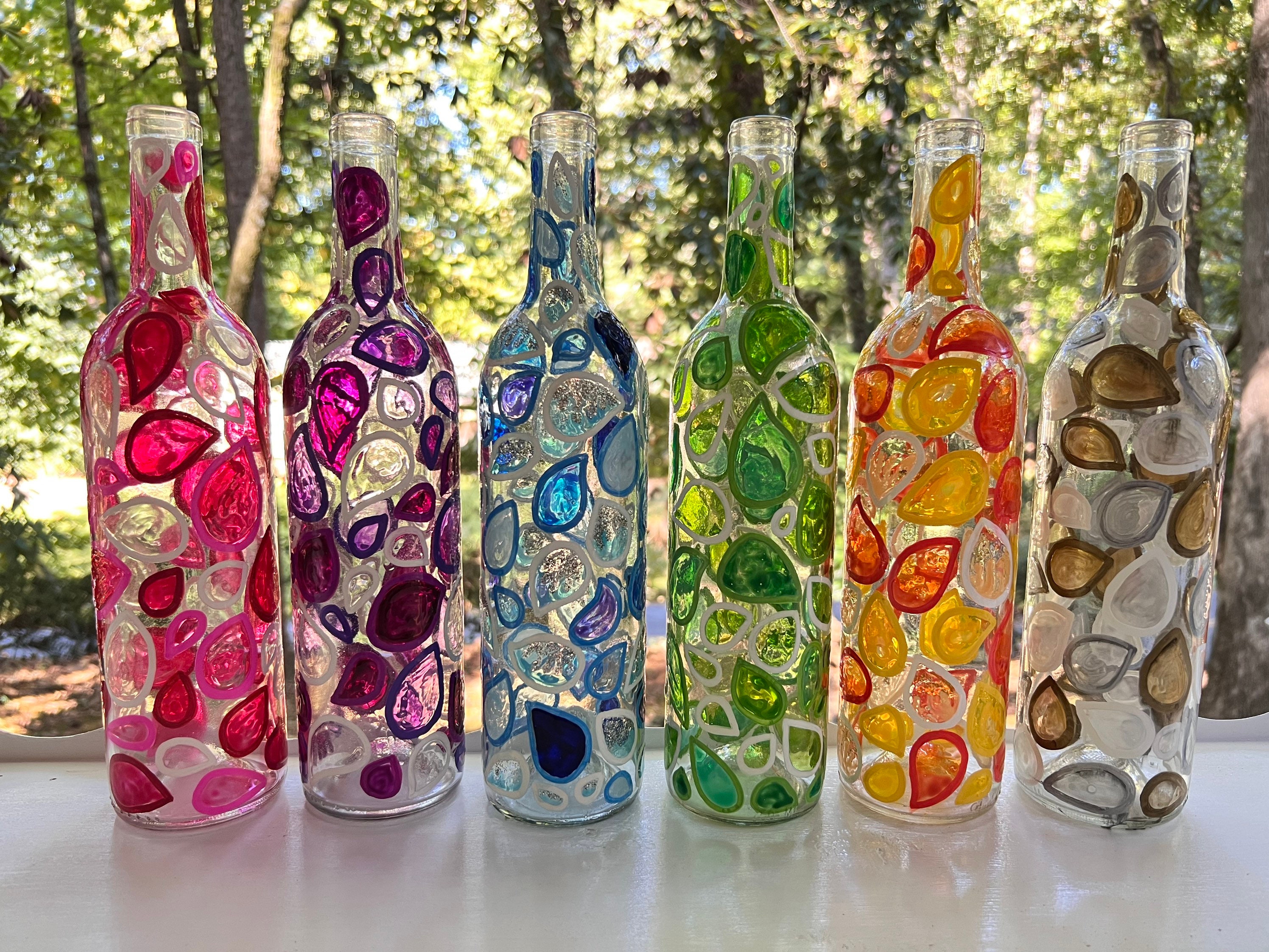 6 Handpainted Stained Glass Effect Decorative Multicolored Wine Bottle ...