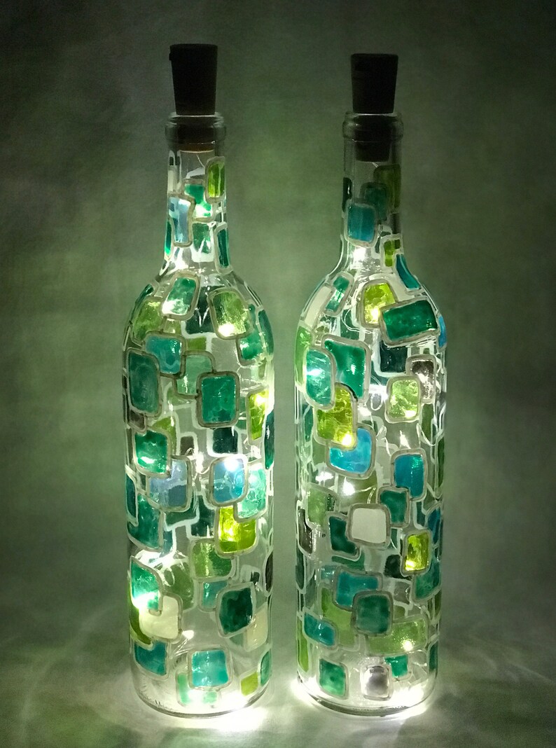 2 Green Handpainted Stained Glass Decorative Wine Bottle Etsy