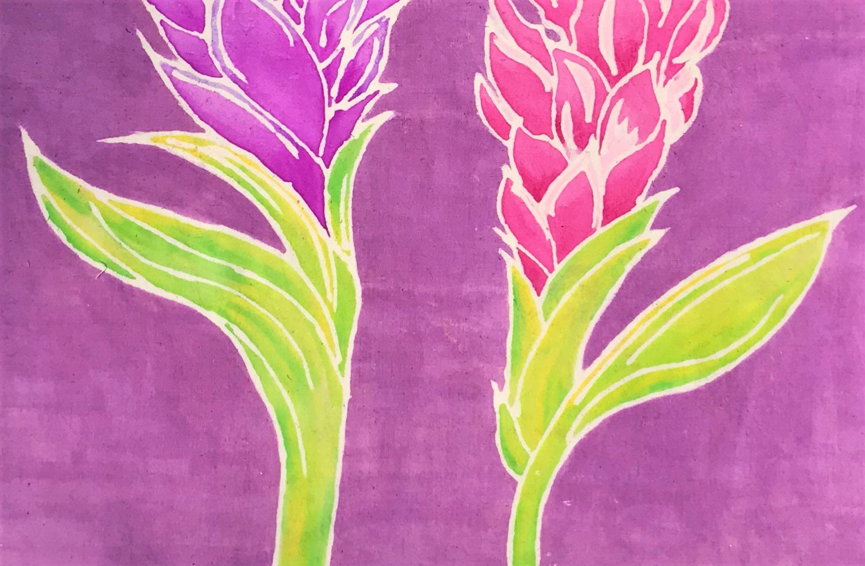 Batik Art Ginger Lilies Wall Decor Bright, Colorful, Uniquely Drawn, Handpainted and Dyed