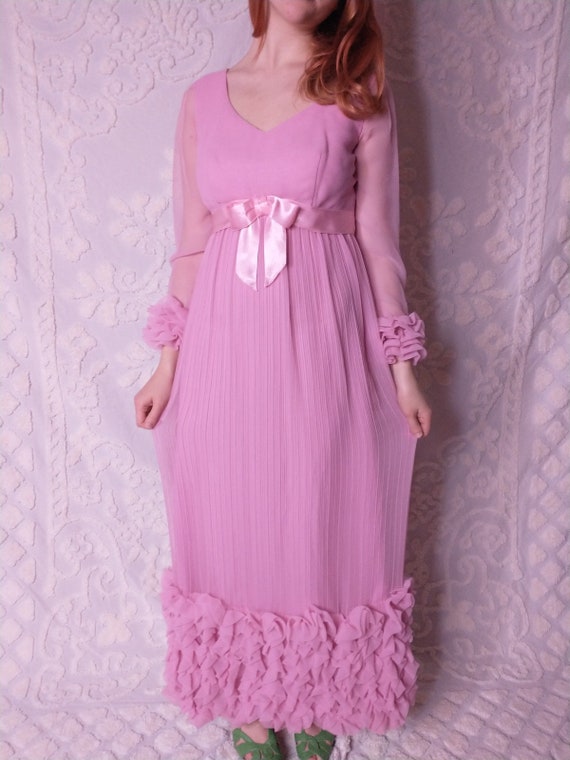 Vintage 60s Prink Retro Sheer Sleeve Ruffled Maxi