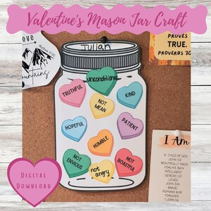 Valentijn Mason Jar Conversation Hearts| Christelijke afdrukbare | Liefdesambachten | Zondagsschoolactiviteit