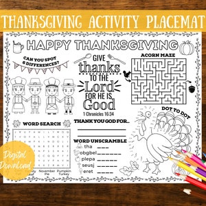 Op de afbeelding: Thanksgiving activiteit placemat met "Happy Thanksgiving" tekst, doolhoven, woordspelletjes en een dot-to-dot kalkoen. Bevat "Give thanks to the Lord" tekst en "Digital Download" label. Kleurpotloden zijn zichtbaar.