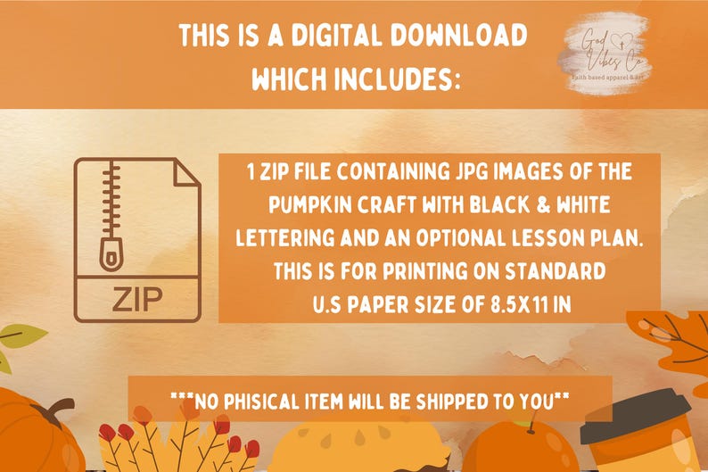 Op de afbeelding: Digitale downloadafbeelding met tekst: "Dit is een digitale download die het volgende bevat: 1 ZIP-bestand met JPG-afbeeldingen van het pompoenknutselwerk met zwarte en witte letters en een optioneel lesplan. US-papierformaat 21,6x27,9 cm."
