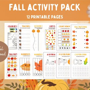 Op de afbeelding: Een digitale download van een herfstactiviteitenpakket met 12 afdrukbare pagina's. De pagina's bevatten activiteiten zoals kleuren, overtrekken, scharen, Ik zie, tellen en matchen. Het pakket bevat herfstthema-illustraties van pompoenen, appels en bladeren.