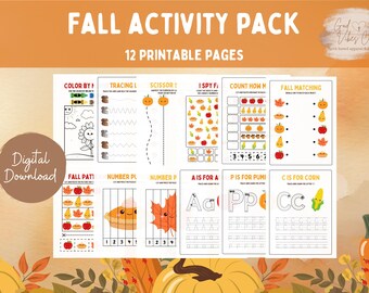 Fall Learning Activity Pack, Preschool and Kindergarten, Pumpkins, Fall printables, Autumn Crafts, Fall Coloring Page