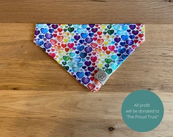 Slide On Pet Bandana in Rainbow Heart pattern - Handmade High-Quality Cotton Bandana for Cats & Dogs in Various Sizes | Gift for Pet Owners