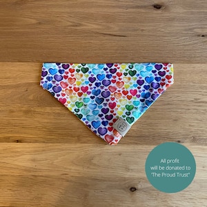 Slide On Pet Bandana en patrón Rainbow Heart - Pañuelo de algodón de alta calidad hecho a mano para gatos y perros en varios tamaños / Regalo para dueños de mascotas