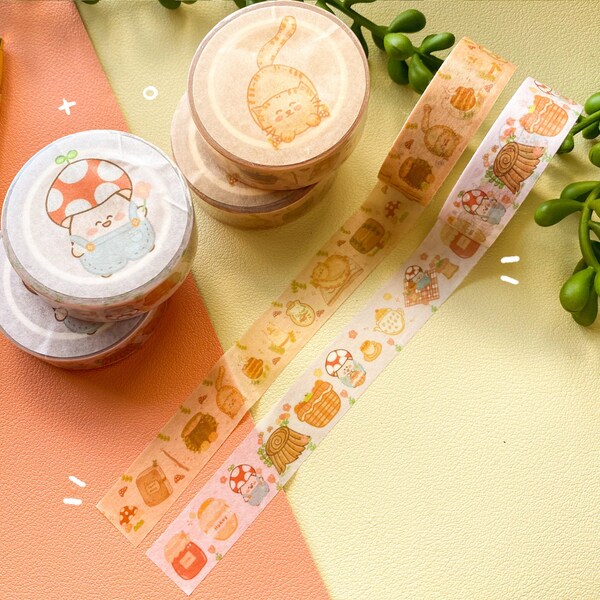 2 pcs Cottagecore Washi Tape Set // Stickers, Kawaii, Cute, Cottagecore, Mushroom, Cat, Journal, Books, Set, Cozy, Aesthetic, Stationery